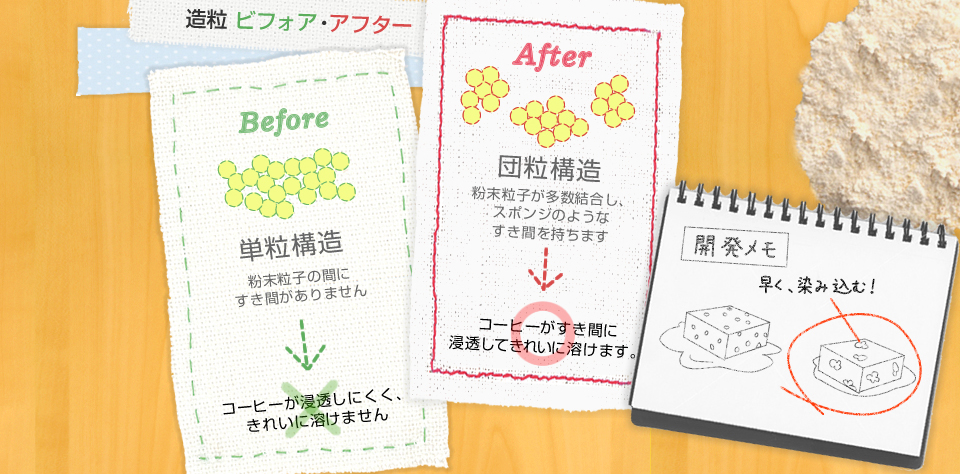造粒 ビフォア・アフター　単粒構造 粉末粒子の間にすき間がありません コーヒーが浸透しにくく、きれいに溶けません　団粒構造 粉末粒子が多数結合し、スポンジのようなすき間を持ちます コーヒーがすき間に浸透してきれいに溶けます。　開発メモ　早く、染み込む！