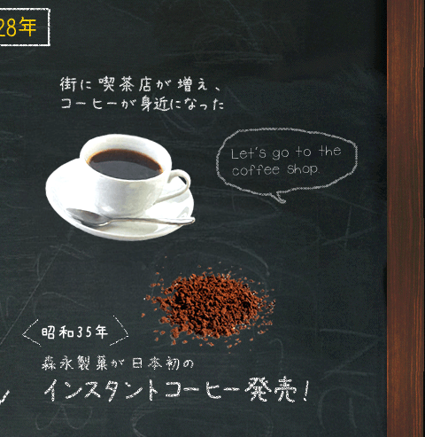 昭和28年　街に喫茶店が増え、コーヒーが身近になった　Let's go to the coffee shop　＜昭和35年＞森永製菓が日本初のインスタントコーヒー発売！
