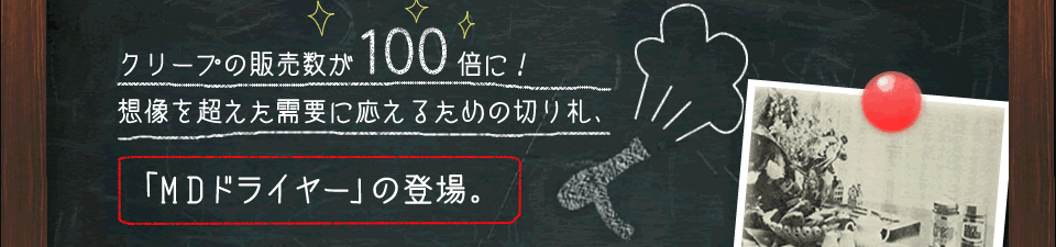 クリープの販売数が100倍に！想像を超えた需要に応えるための切り札、「MDドライヤー」の登場。